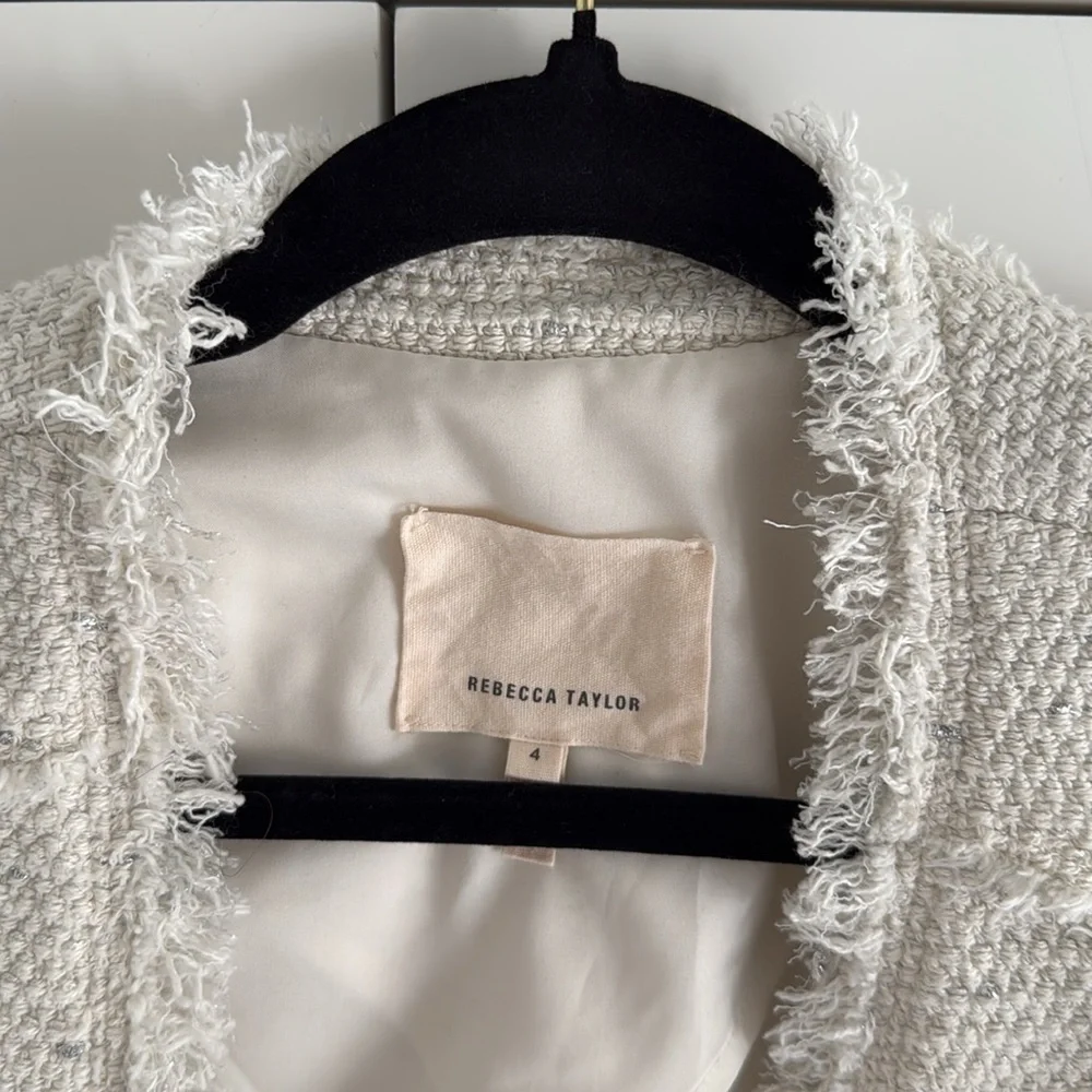 Rebecca Taylor Cream Tweed Fringe Open-Front Jacket